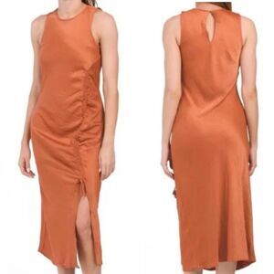 NWT House of Harlow 1960 Maxi Dress Satin Silky Orange Ruched Tie Front Side XS